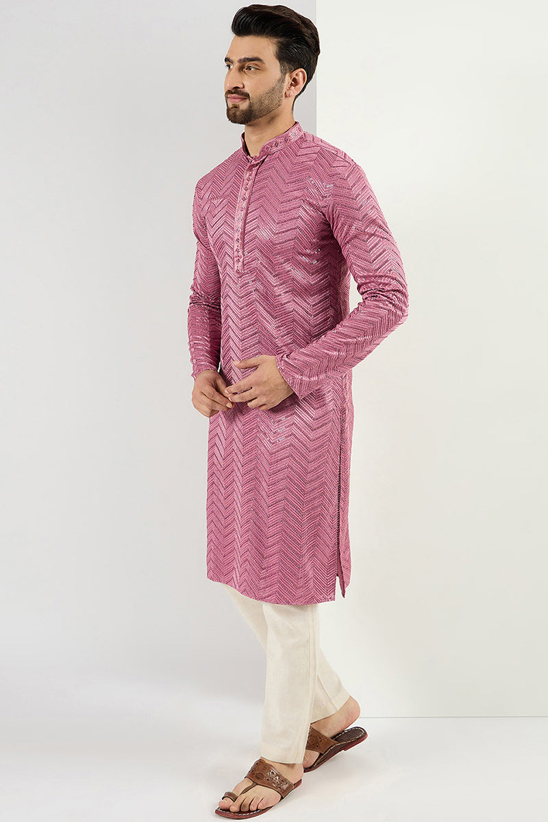 Ethnic Bay Pink Viscose Rayon Solid Embroidered Straight Kurta For Men MKU1103