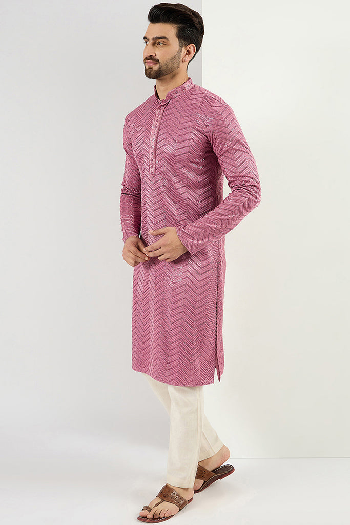 Ethnic Bay Pink Viscose Rayon Solid Embroidered Straight Kurta For Men MKU1103
