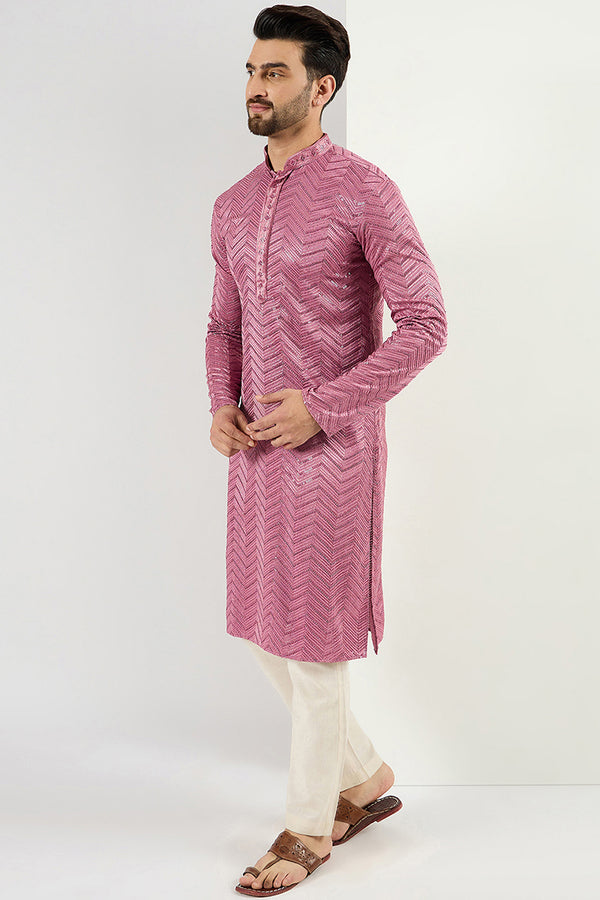 Ethnic Bay Pink Viscose Rayon Solid Embroidered Straight Kurta For Men MKU1103