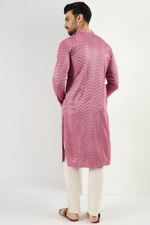 Ethnic Bay Pink Viscose Rayon Solid Embroidered Straight Kurta For Men MKU1103