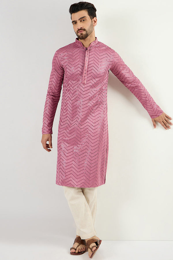 Ethnic Bay Pink Viscose Rayon Solid Embroidered Straight Kurta For Men MKU1103