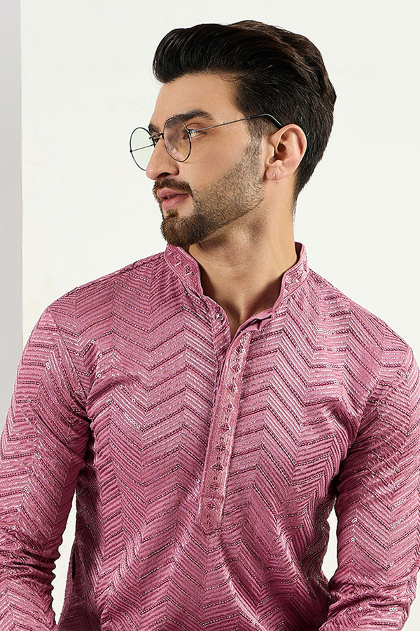 Ethnic Bay Pink Viscose Rayon Solid Embroidered Straight Kurta For Men MKU1103