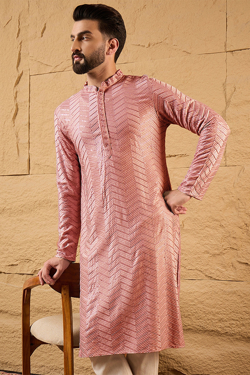 Ethnic Bay Peach Viscose Rayon Solid Embroidered Straight Kurta For Men MKU1104