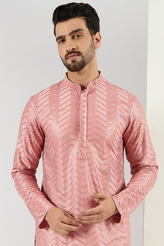 Ethnic Bay Peach Viscose Rayon Solid Embroidered Straight Kurta For Men MKU1104