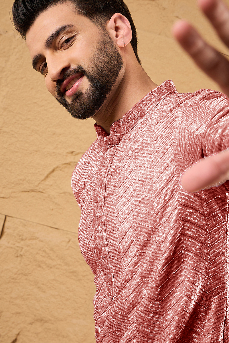 Ethnic Bay Peach Viscose Rayon Solid Embroidered Straight Kurta For Men MKU1104