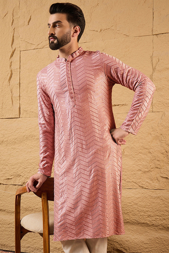 Ethnic Bay Peach Viscose Rayon Solid Embroidered Straight Kurta For Men MKU1104