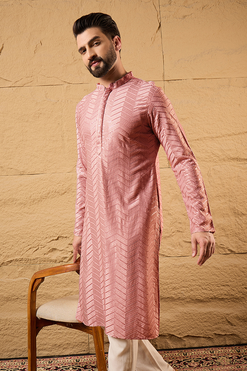 Ethnic Bay Peach Viscose Rayon Solid Embroidered Straight Kurta For Men MKU1104