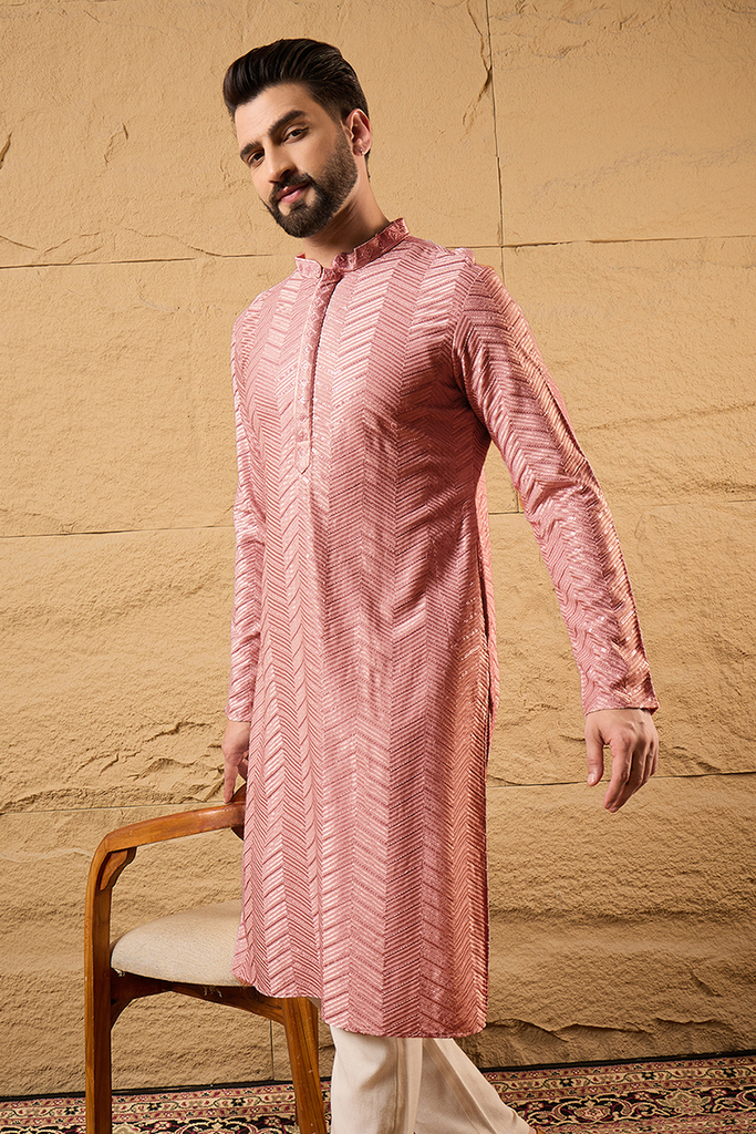Ethnic Bay Peach Viscose Rayon Solid Embroidered Straight Kurta For Men MKU1104