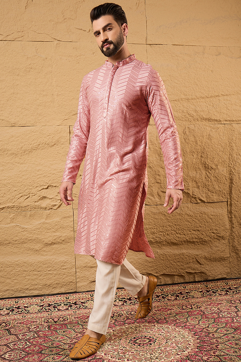Ethnic Bay Peach Viscose Rayon Solid Embroidered Straight Kurta For Men MKU1104