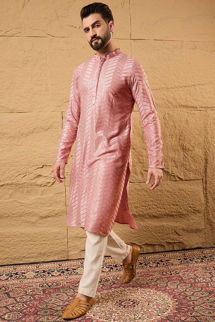 Ethnic Bay Peach Viscose Rayon Solid Embroidered Straight Kurta For Men MKU1104