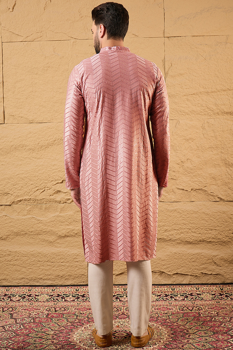 Ethnic Bay Peach Viscose Rayon Solid Embroidered Straight Kurta For Men MKU1104