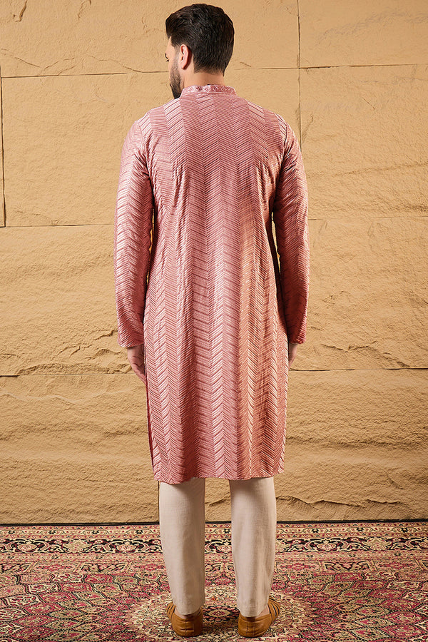 Ethnic Bay Peach Viscose Rayon Solid Embroidered Straight Kurta For Men MKU1104