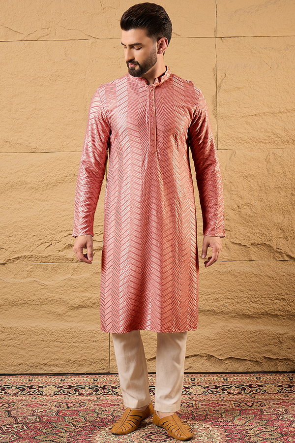 Ethnic Bay Peach Viscose Rayon Solid Embroidered Straight Kurta For Men MKU1104