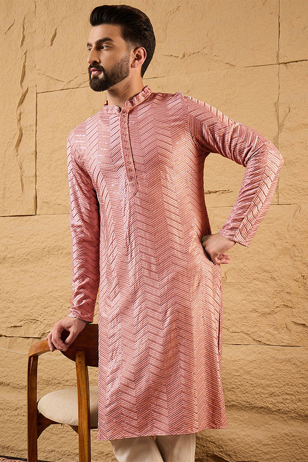 Ethnic Bay Peach Viscose Rayon Solid Embroidered Straight Kurta For Men MKU1104