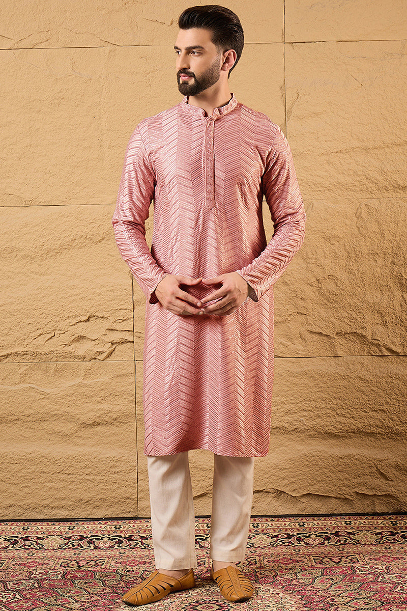 Ethnic Bay Peach Viscose Rayon Solid Embroidered Straight Kurta For Men MKU1104