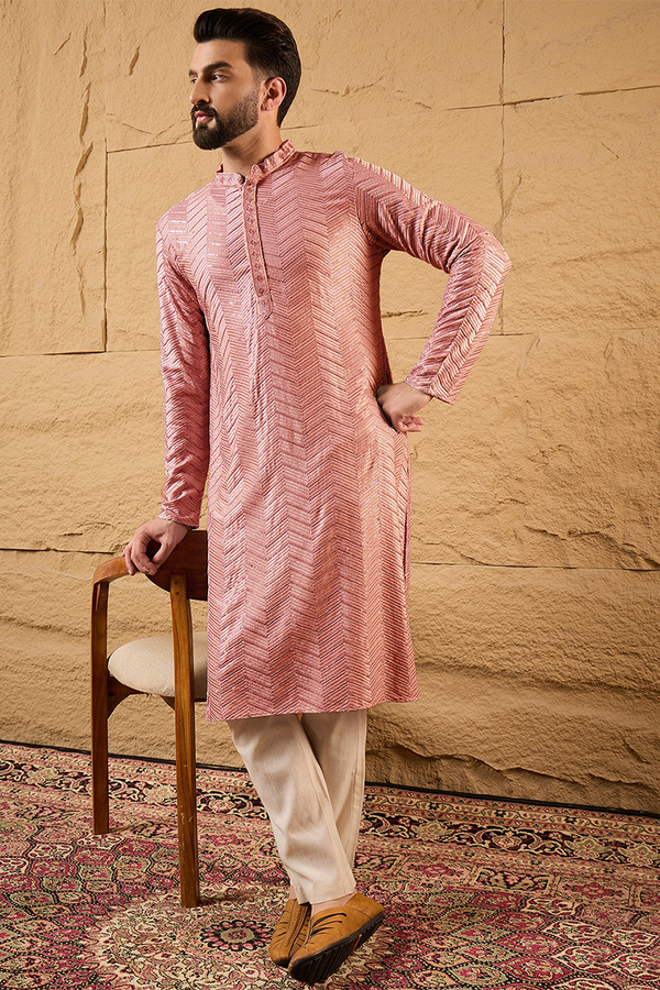 Ethnic Bay Peach Viscose Rayon Solid Embroidered Straight Kurta For Men MKU1104