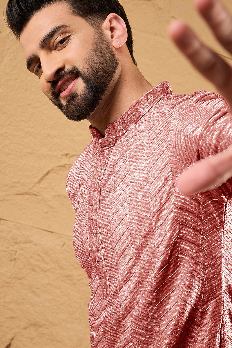 Ethnic Bay Peach Viscose Rayon Solid Embroidered Straight Kurta For Men MKU1104