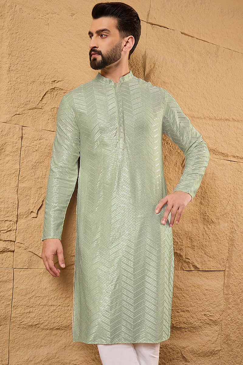 Ethnic Bay Green Viscose Rayon Solid Embroidered Straight Kurta For Men MKU1109