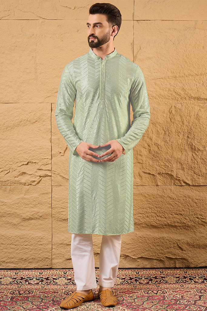 Ethnic Bay Green Viscose Rayon Solid Embroidered Straight Kurta For Men MKU1109