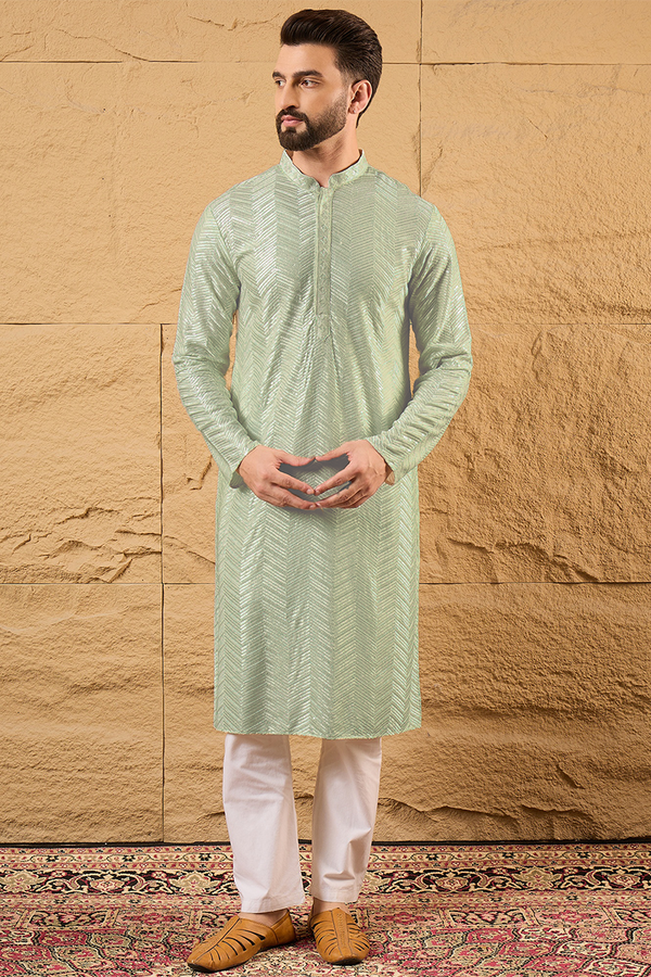 Ethnic Bay Green Viscose Rayon Solid Embroidered Straight Kurta For Men MKU1109