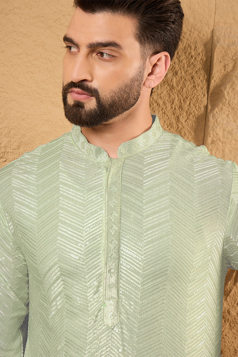 Ethnic Bay Green Viscose Rayon Solid Embroidered Straight Kurta For Men MKU1109