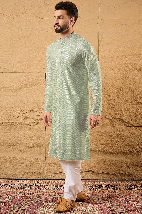 Ethnic Bay Green Viscose Rayon Solid Embroidered Straight Kurta For Men MKU1109
