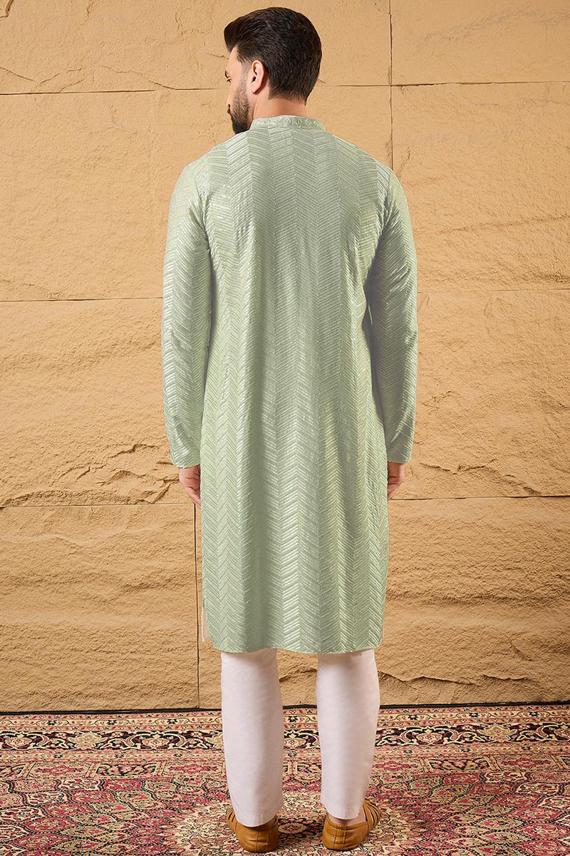 Ethnic Bay Green Viscose Rayon Solid Embroidered Straight Kurta For Men MKU1109