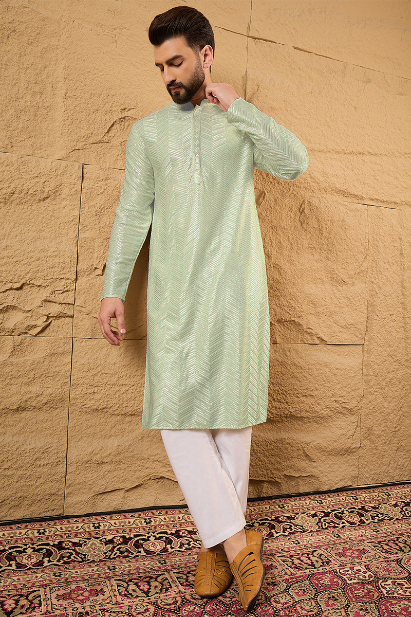 Ethnic Bay Green Viscose Rayon Solid Embroidered Straight Kurta For Men MKU1109