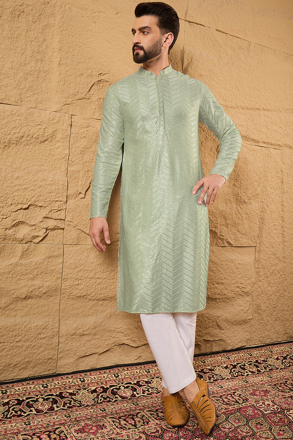 Ethnic Bay Green Viscose Rayon Solid Embroidered Straight Kurta For Men MKU1109