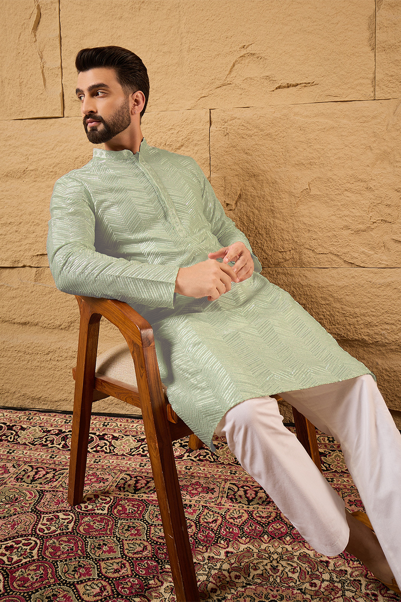Ethnic Bay Green Viscose Rayon Solid Embroidered Straight Kurta For Men MKU1109