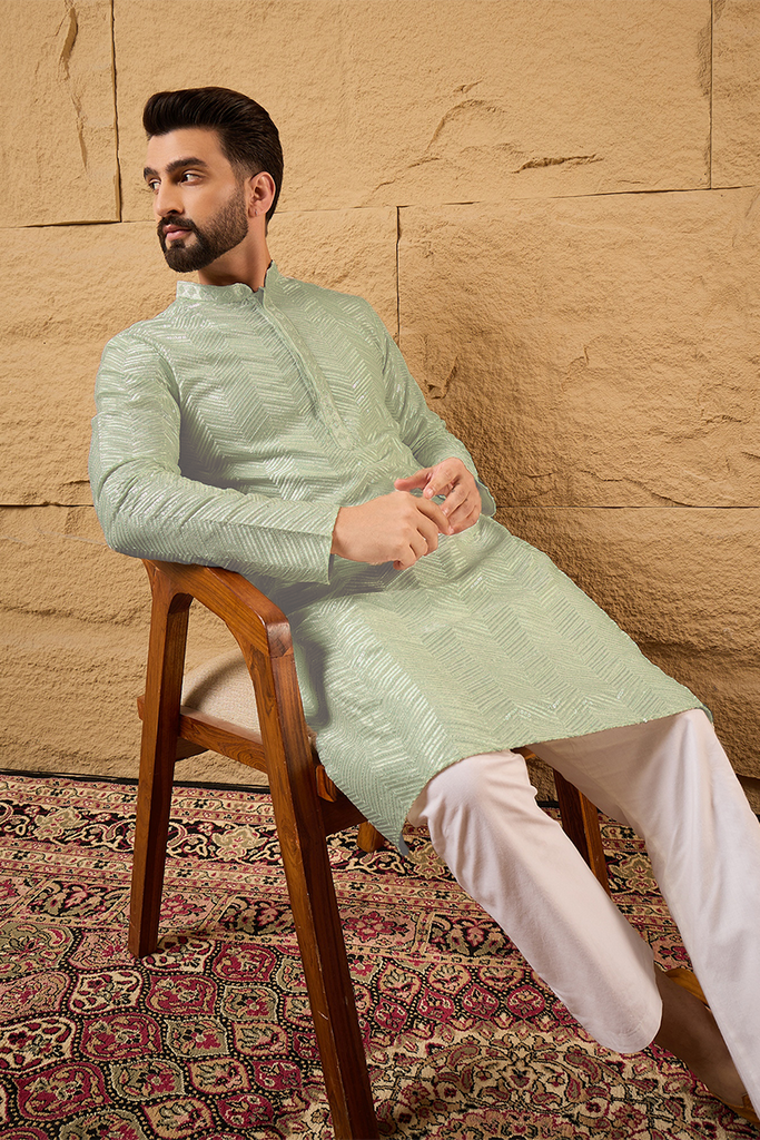 Ethnic Bay Green Viscose Rayon Solid Embroidered Straight Kurta For Men MKU1109