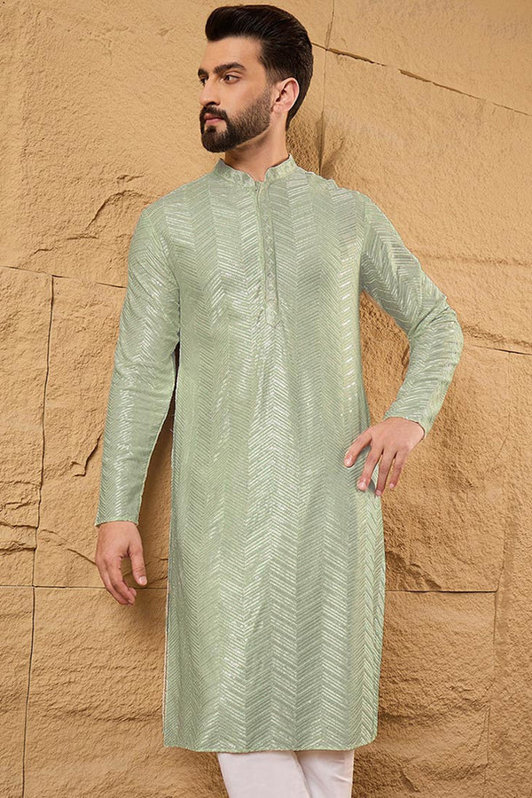 Ethnic Bay Green Viscose Rayon Solid Embroidered Straight Kurta For Men MKU1109