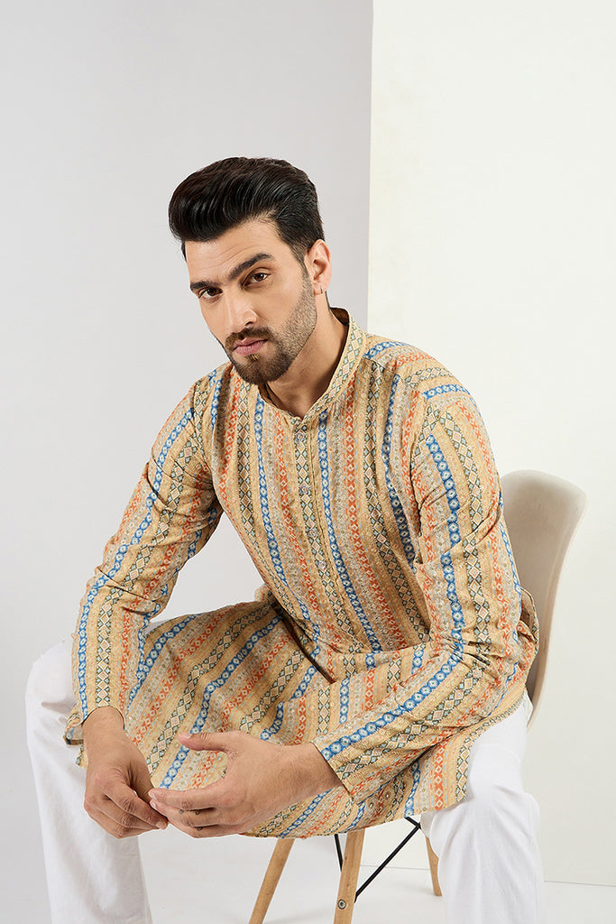 Ethnic Bay Men Yellow Viscose Rayon Geometric Embroidered Chikankari Straight Kurta MKU1117