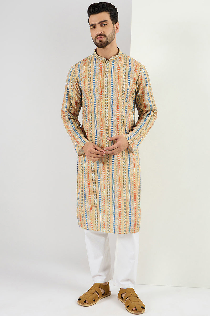Ethnic Bay Men Yellow Viscose Rayon Geometric Embroidered Chikankari Straight Kurta MKU1117