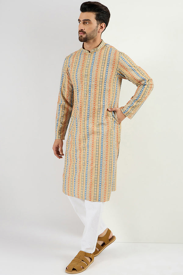 Ethnic Bay Men Yellow Viscose Rayon Geometric Embroidered Chikankari Straight Kurta MKU1117