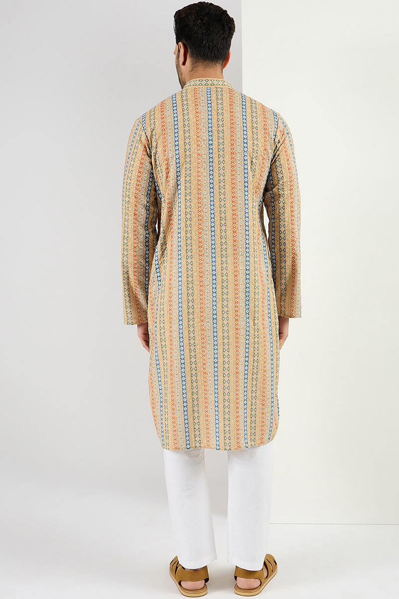Ethnic Bay Men Yellow Viscose Rayon Geometric Embroidered Chikankari Straight Kurta MKU1117