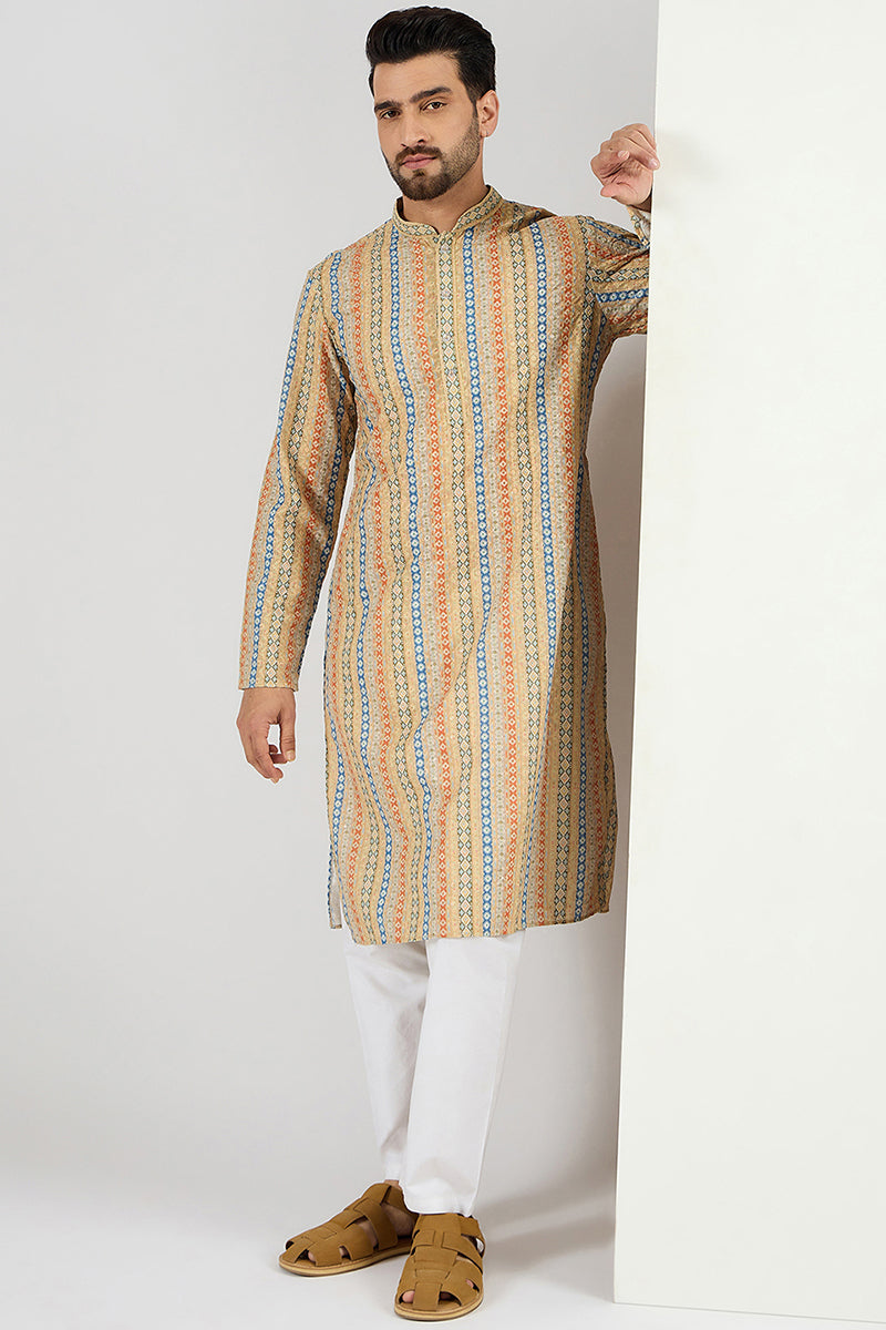 Ethnic Bay Men Yellow Viscose Rayon Geometric Embroidered Chikankari Straight Kurta MKU1117