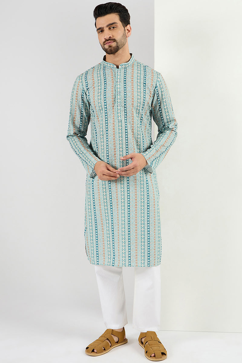 Ethnic Bay Men Teal Viscose Rayon Geometric Embroidered Chikankari Straight Kurta MKU1118