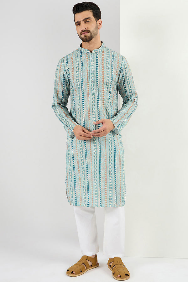 Ethnic Bay Men Teal Viscose Rayon Geometric Embroidered Chikankari Straight Kurta MKU1118