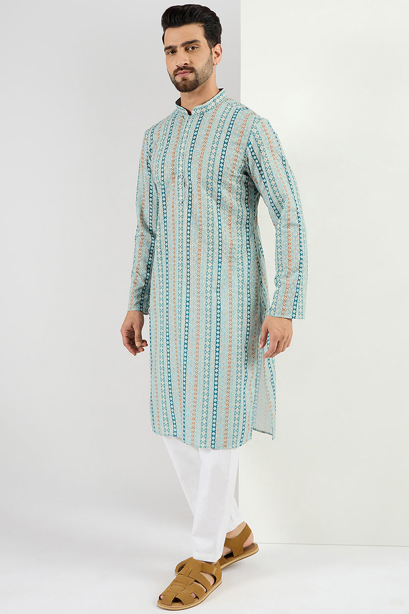 Ethnic Bay Men Teal Viscose Rayon Geometric Embroidered Chikankari Straight Kurta MKU1118