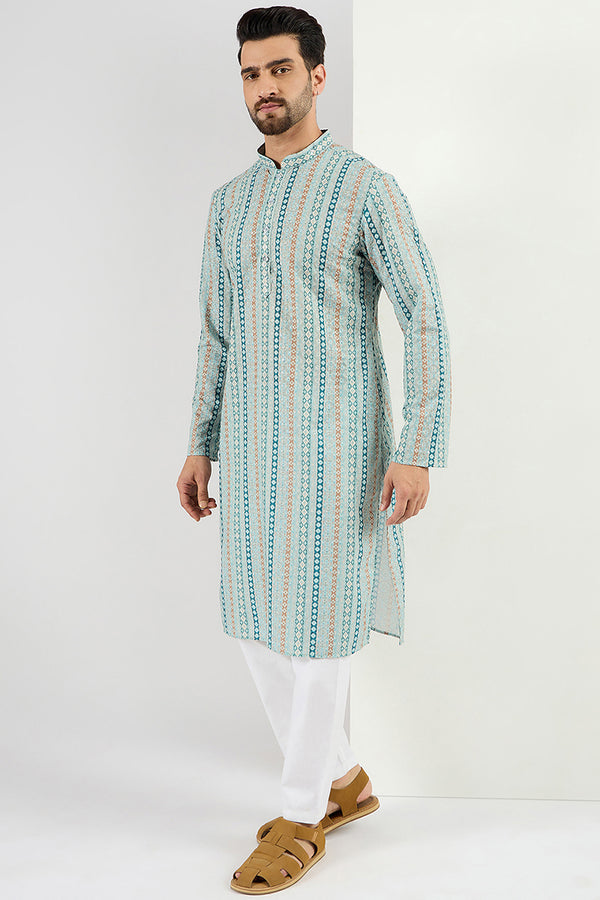 Ethnic Bay Men Teal Viscose Rayon Geometric Embroidered Chikankari Straight Kurta MKU1118