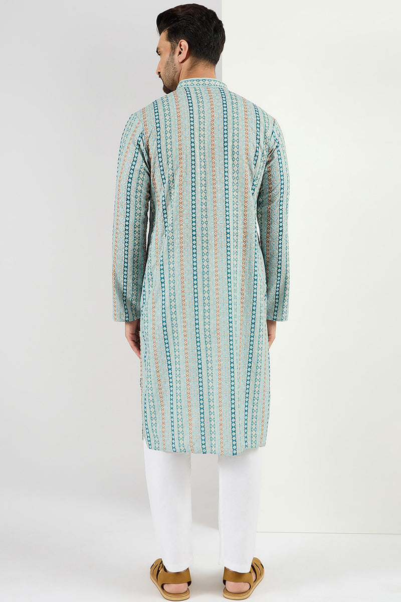 Ethnic Bay Men Teal Viscose Rayon Geometric Embroidered Chikankari Straight Kurta MKU1118