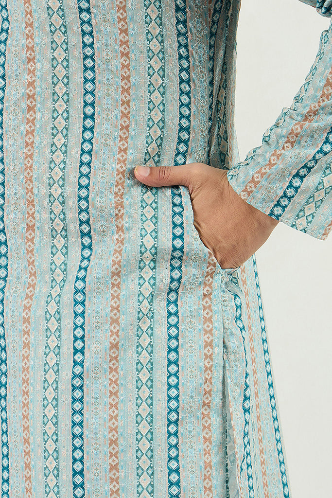 Ethnic Bay Men Teal Viscose Rayon Geometric Embroidered Chikankari Straight Kurta MKU1118