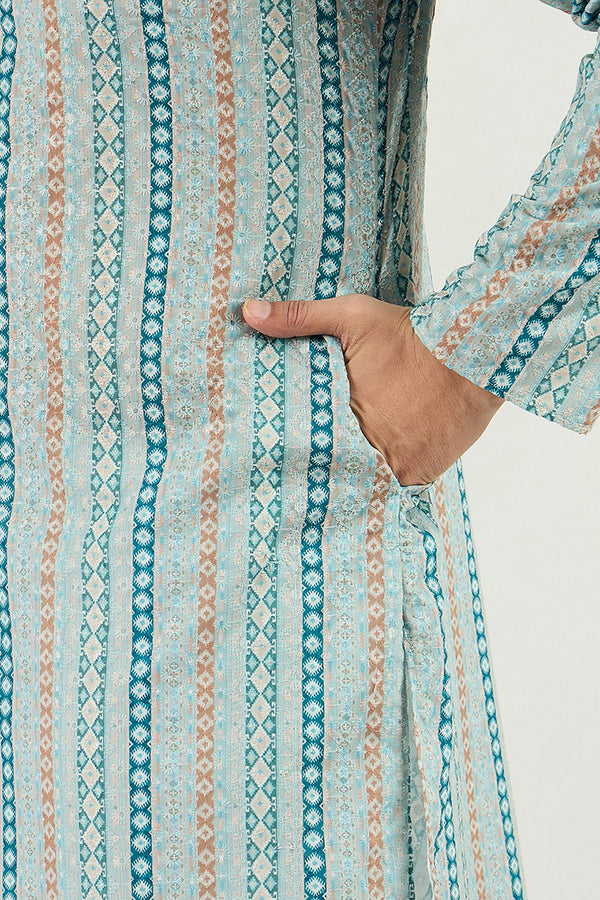 Ethnic Bay Men Teal Viscose Rayon Geometric Embroidered Chikankari Straight Kurta MKU1118