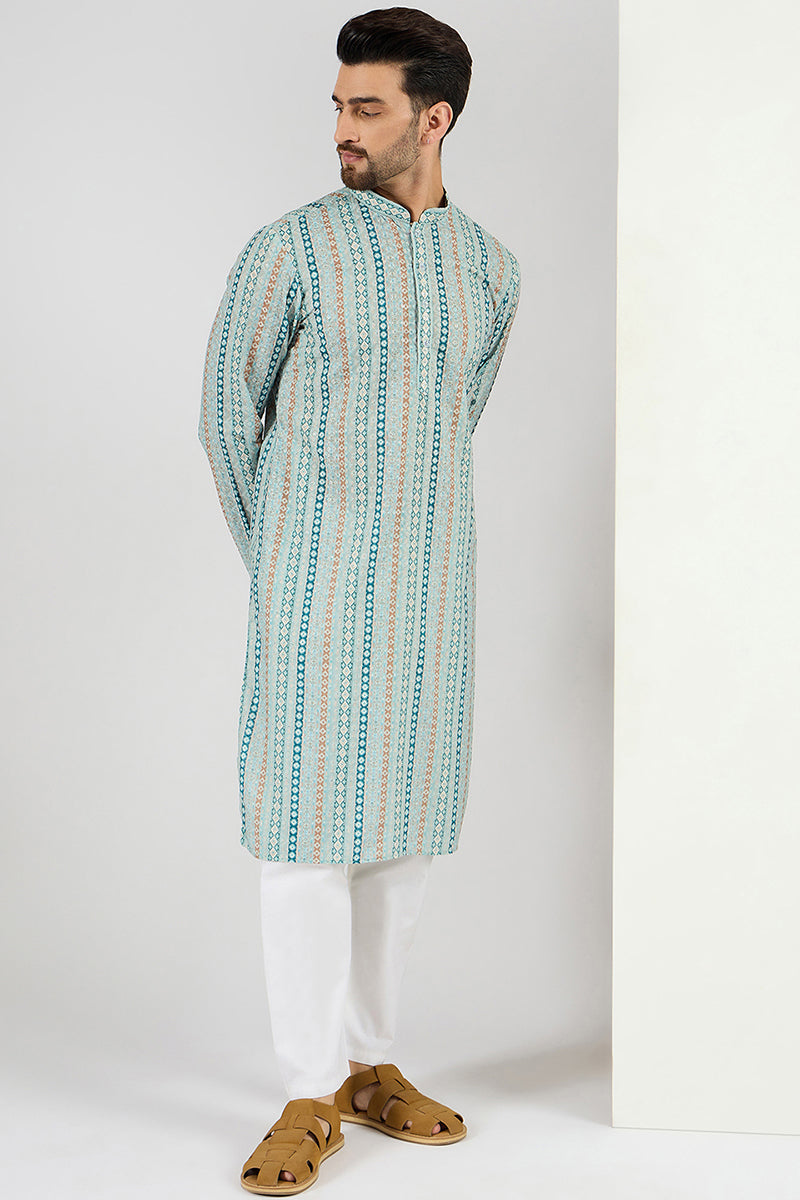 Ethnic Bay Men Teal Viscose Rayon Geometric Embroidered Chikankari Straight Kurta MKU1118