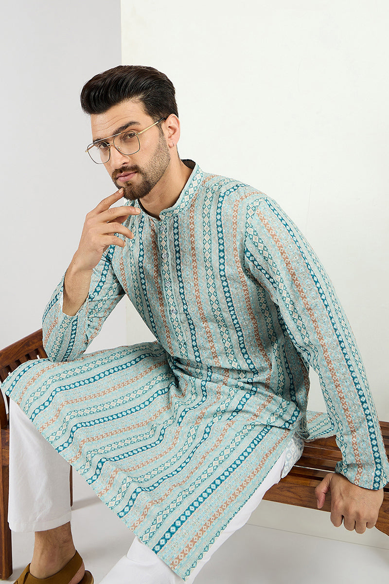 Ethnic Bay Men Teal Viscose Rayon Geometric Embroidered Chikankari Straight Kurta MKU1118