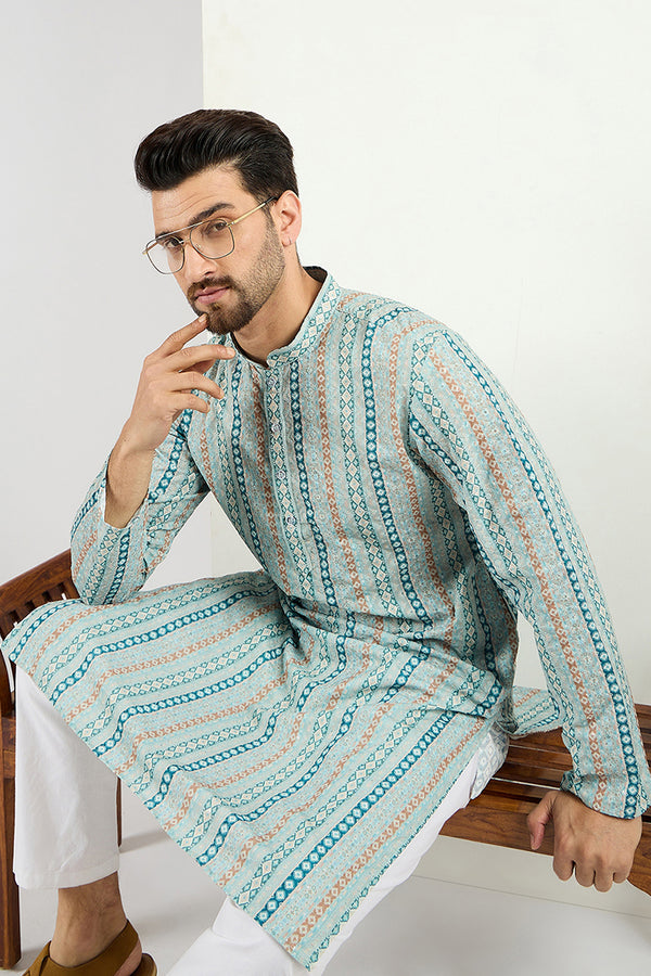 Ethnic Bay Men Teal Viscose Rayon Geometric Embroidered Chikankari Straight Kurta MKU1118