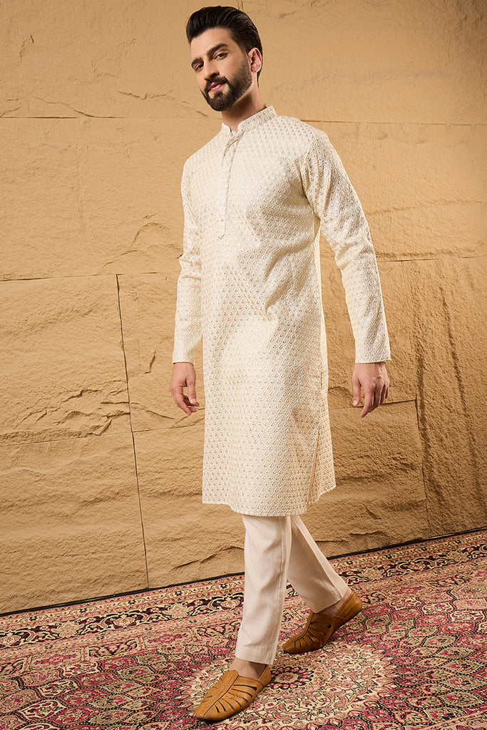 Off White Polyester Embroidered Mandarin Collar Straight Kurta MKU1126