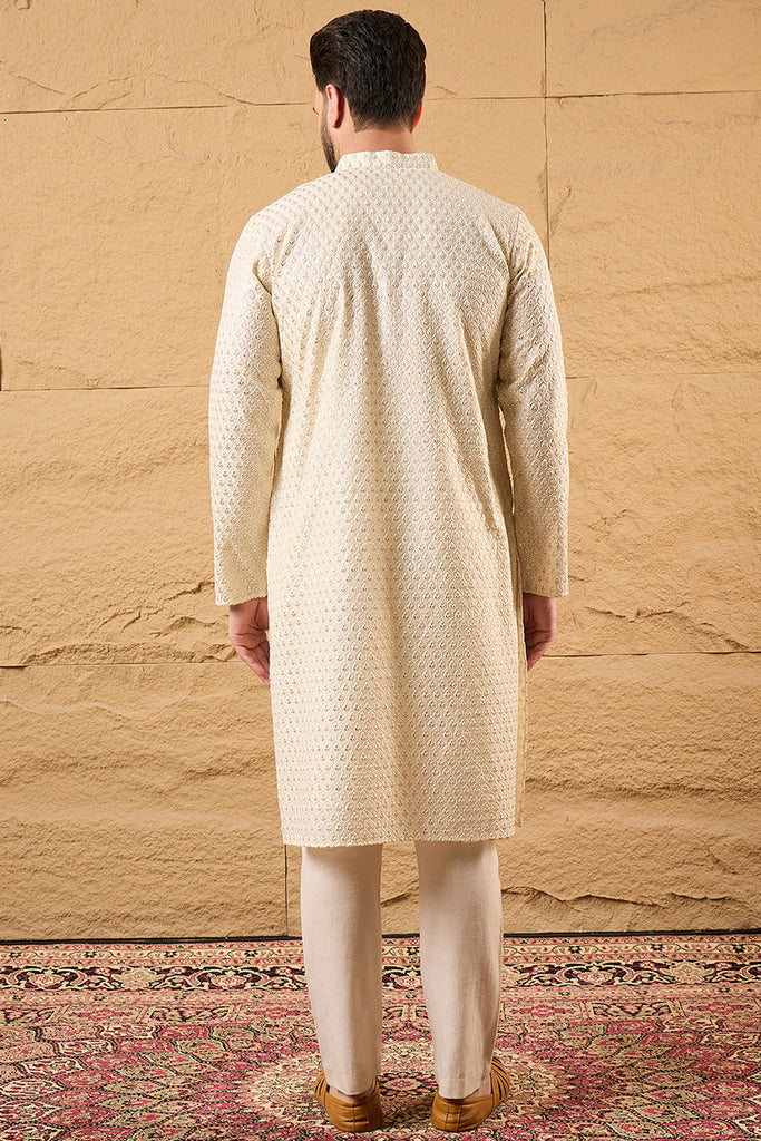 Off White Polyester Embroidered Mandarin Collar Straight Kurta MKU1126