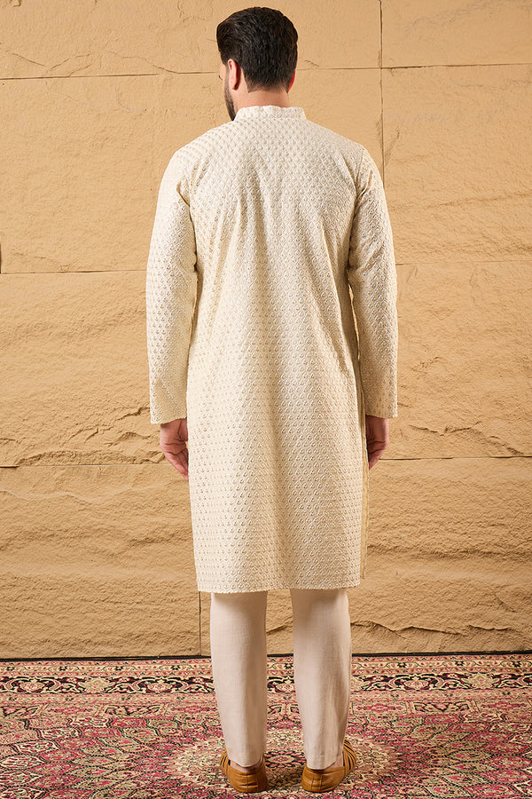 Off White Polyester Embroidered Mandarin Collar Straight Kurta MKU1126